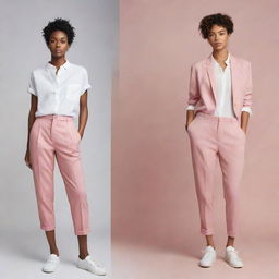 Illustrate a split image of a woman showcasing two distinct vibes: one side exuding feminine charm with girly fashion and accessories, the other side manifesting a boyish charm with an androgynous style.