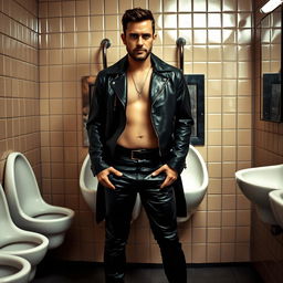 A man standing at a urinal, dressed in a black leather outfit