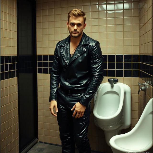 A man standing at a urinal, dressed in a black leather outfit