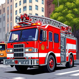 A detailed illustration of a fire truck, complete with bright red color, ladders, hoses, and emergency lights