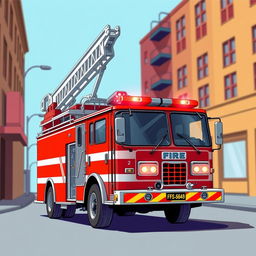 A detailed illustration of a fire truck, complete with bright red color, ladders, hoses, and emergency lights