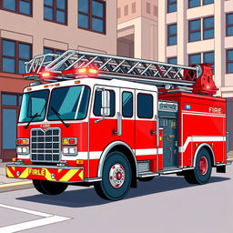 A detailed illustration of a fire truck, complete with bright red color, ladders, hoses, and emergency lights