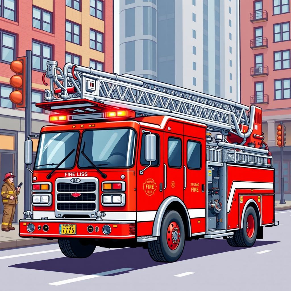 A detailed illustration of a fire truck, complete with bright red color, ladders, hoses, and emergency lights