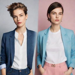 Illustrate a split image of a woman showcasing two distinct vibes: one side exuding feminine charm with girly fashion and accessories, the other side manifesting a boyish charm with an androgynous style.