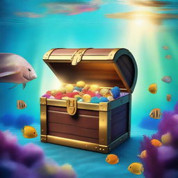 A treasure chest hidden deep in the ocean, surrounded by vibrant marine life and colorful coral reefs