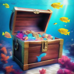 A treasure chest hidden deep in the ocean, surrounded by vibrant marine life and colorful coral reefs