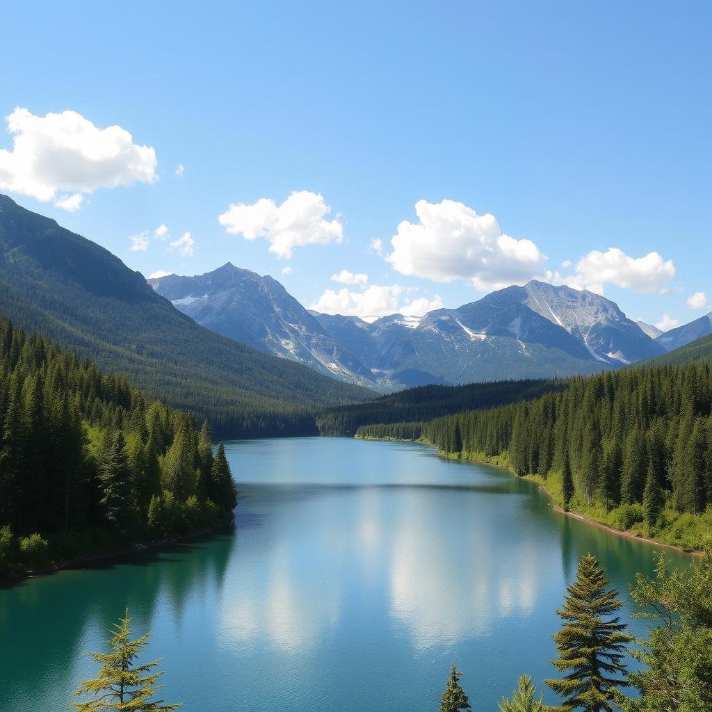 A beautiful landscape featuring a serene lake surrounded by lush green forests and majestic mountains in the background