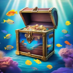 A treasure chest hidden deep in the ocean, surrounded by vibrant marine life and colorful coral reefs