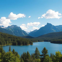 A beautiful landscape featuring a serene lake surrounded by lush green forests and majestic mountains in the background