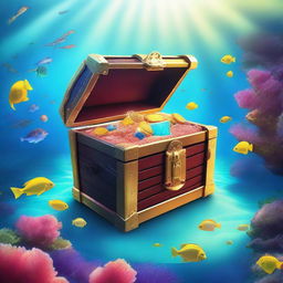 A treasure chest hidden deep in the ocean, surrounded by vibrant marine life and colorful coral reefs