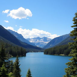 A beautiful landscape featuring a serene lake surrounded by lush green forests and majestic mountains in the background