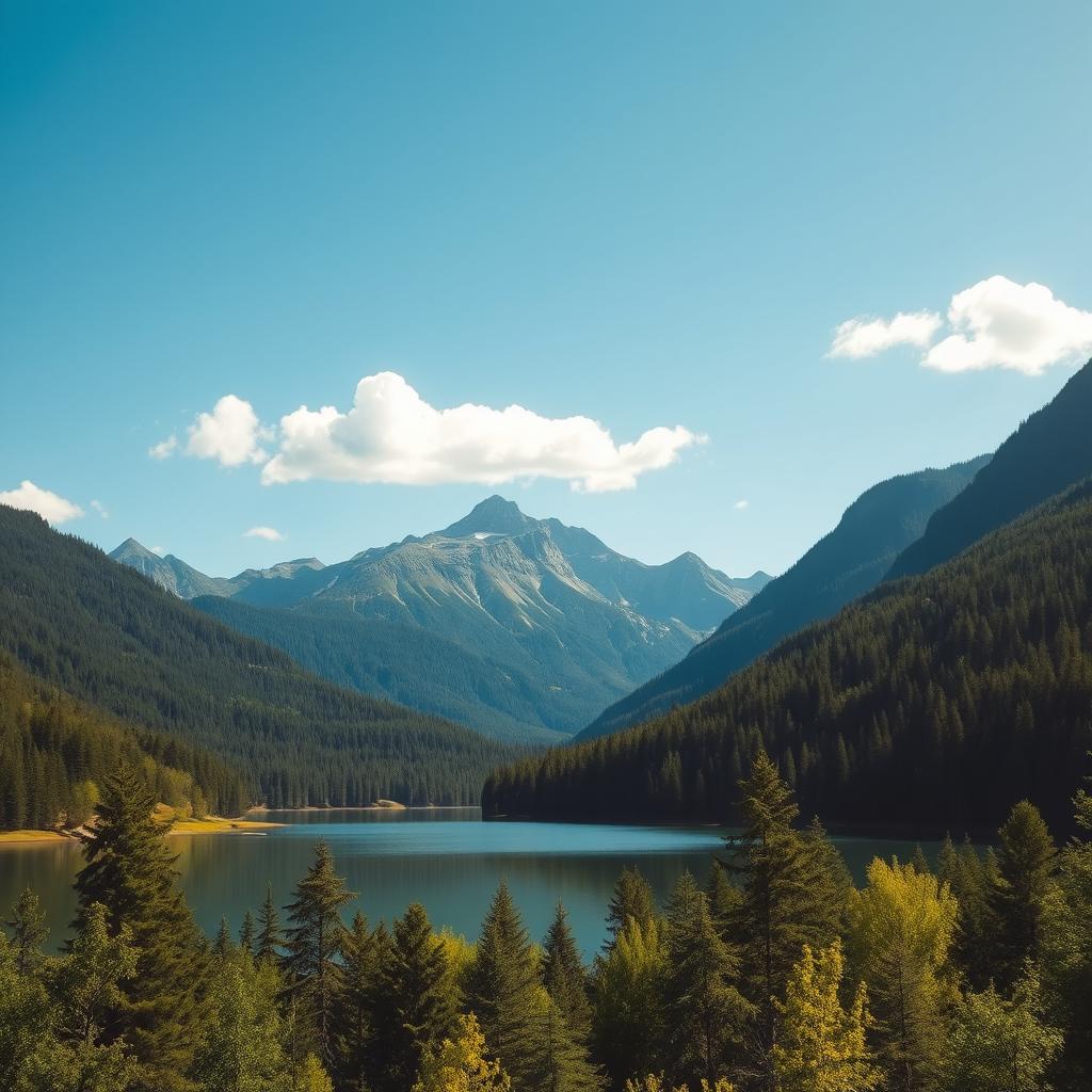 A beautiful landscape featuring a serene lake surrounded by lush green forests and majestic mountains in the background