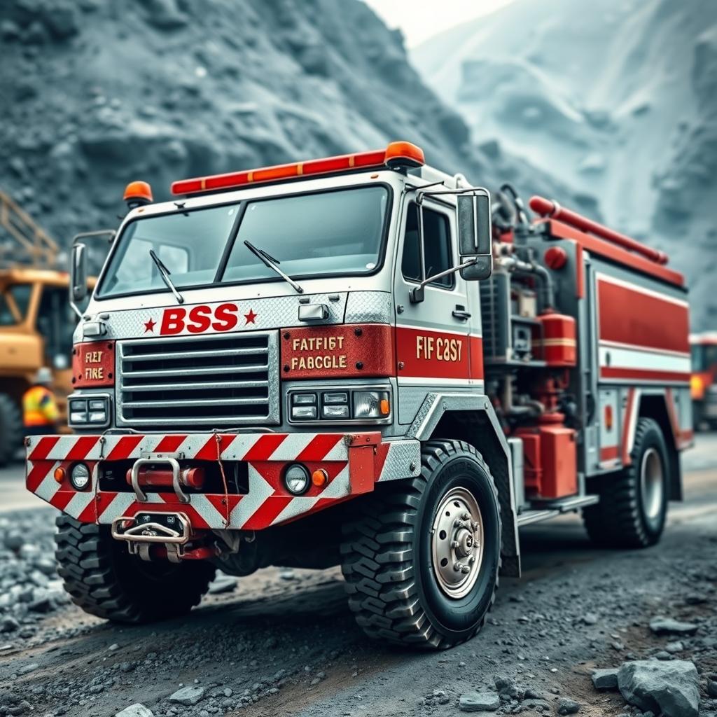 A detailed image of a mining fire truck labeled with 'BSS'