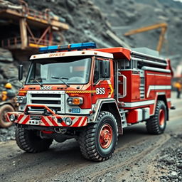 A detailed image of a mining fire truck labeled with 'BSS'