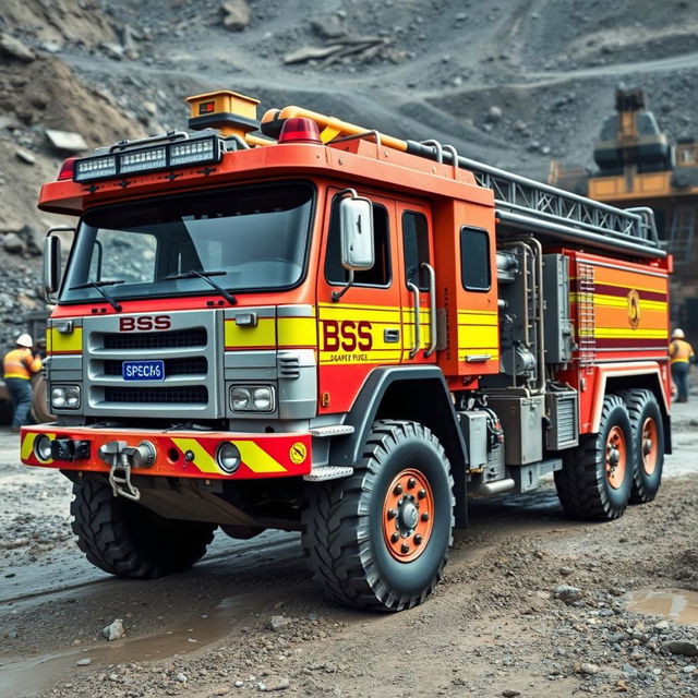 A detailed image of a mining fire truck labeled with 'BSS'