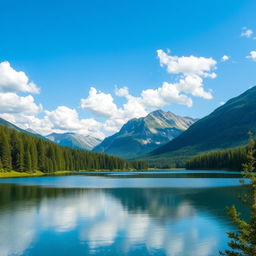 A beautiful landscape featuring a serene lake surrounded by lush green forests and majestic mountains in the background under a clear blue sky with fluffy white clouds