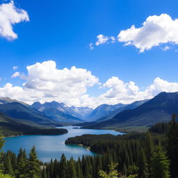 A beautiful landscape featuring a serene lake surrounded by lush green forests and majestic mountains in the background under a clear blue sky with fluffy white clouds