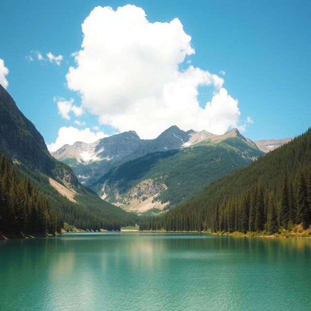 A beautiful landscape featuring a serene lake surrounded by lush green forests and majestic mountains in the background under a clear blue sky with fluffy white clouds