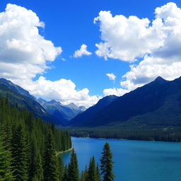 A beautiful landscape featuring a serene lake surrounded by lush green forests and majestic mountains in the background under a clear blue sky with fluffy white clouds