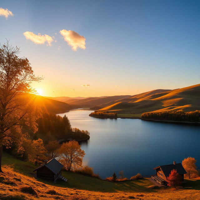 A beautiful landscape with rolling hills, a serene lake, and a vibrant sunset casting golden hues over the scene