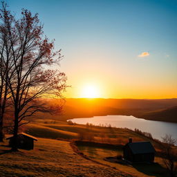 A beautiful landscape with rolling hills, a serene lake, and a vibrant sunset casting golden hues over the scene