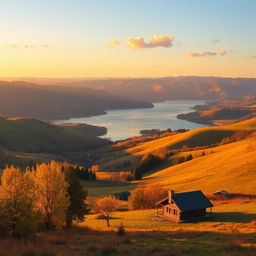 A beautiful landscape with rolling hills, a serene lake, and a vibrant sunset casting golden hues over the scene