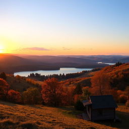 A beautiful landscape with rolling hills, a serene lake, and a vibrant sunset casting golden hues over the scene