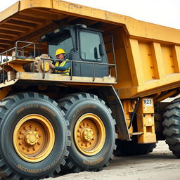 A realistic image of an operator driving a massive mining truck