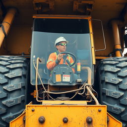 A realistic image of an operator driving a massive mining truck