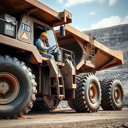 A realistic image of an operator driving a massive mining truck