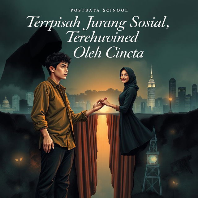 Create a dramatic book cover illustrating a young man and woman standing on opposite sides of a contrast city that symbolizes the social divide