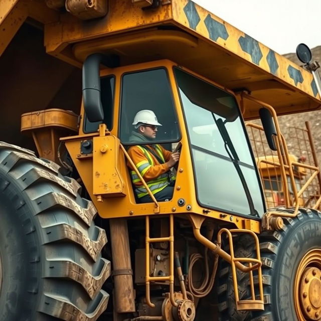 A realistic image of an operator driving a massive mining truck