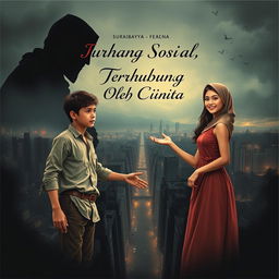 Create a dramatic book cover illustrating a young man and woman standing on opposite sides of a contrast city that symbolizes the social divide