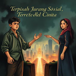 Create a dramatic book cover illustrating a young man and woman standing on opposite sides of a contrast city that symbolizes the social divide