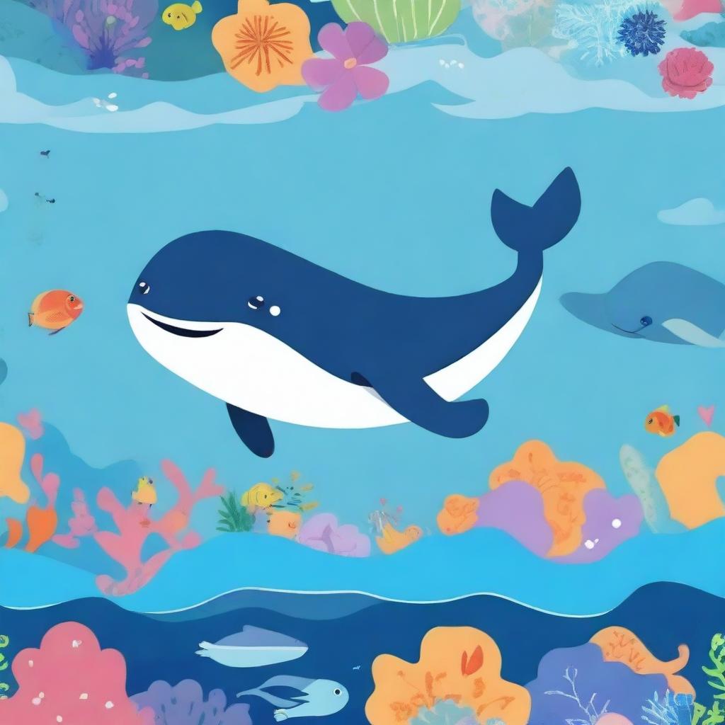 A giant whale depicted in a cute and cartoonish style, swimming happily in the ocean