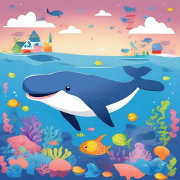 A giant whale depicted in a cute and cartoonish style, swimming happily in the ocean