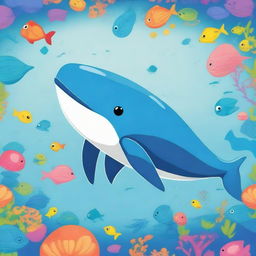 A giant whale depicted in a cute and cartoonish style, swimming happily in the ocean