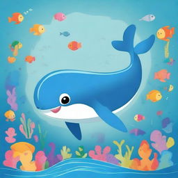 A giant whale depicted in a cute and cartoonish style, swimming happily in the ocean