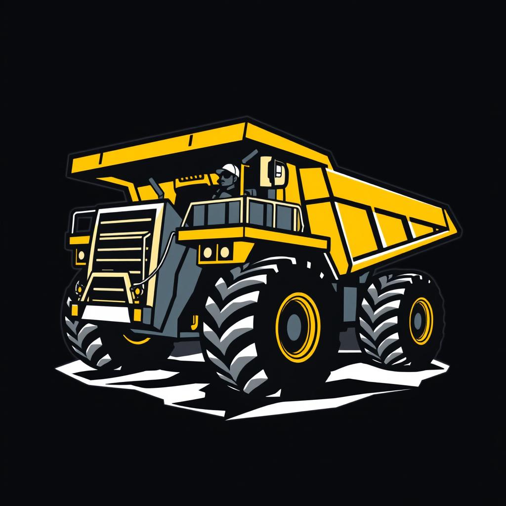 A logo design featuring an operator driving a mining truck