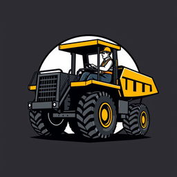 A logo design featuring an operator driving a mining truck