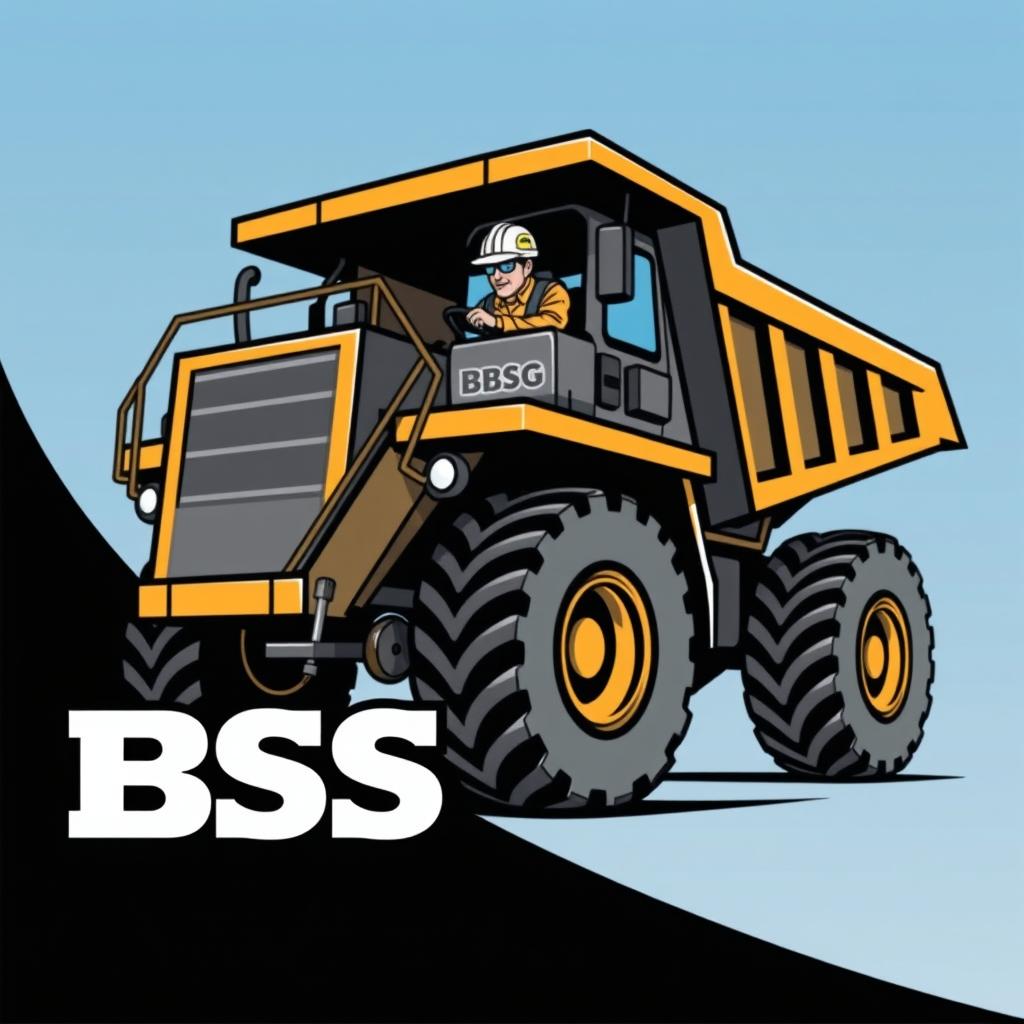 A logo design featuring an operator driving a mining truck labeled with 'BSS'