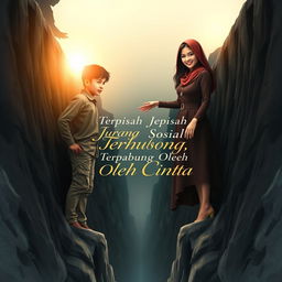 Create a book cover showing a young man and woman standing on opposite sides of a deep chasm, symbolizing a social divide