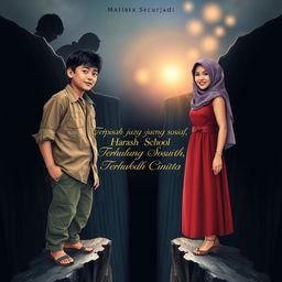 Create a book cover showing a young man and woman standing on opposite sides of a deep chasm, symbolizing a social divide