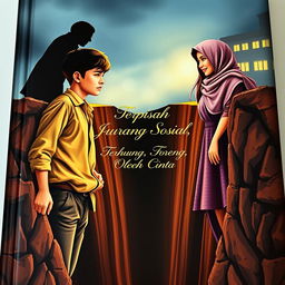 Create a book cover showing a young man and woman standing on opposite sides of a deep chasm, symbolizing a social divide