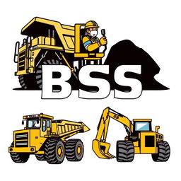 A logo design featuring an operator driving a mining truck, a big digger excavator, and a bulldozer, all labeled with 'BSS'