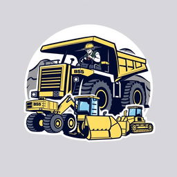 A logo design featuring an operator driving a mining truck, a big digger excavator, and a bulldozer, all labeled with 'BSS'