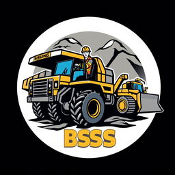 A logo design featuring an operator driving a mining truck, a big digger excavator, and a bulldozer, all labeled with 'BSS'