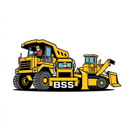 A logo design featuring an operator driving a mining truck, a big digger excavator, and a bulldozer, all labeled with 'BSS'