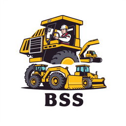 A logo design featuring an operator driving a mining truck 785, a PC2000 excavator, and a 375 bulldozer, all labeled with 'BSS'