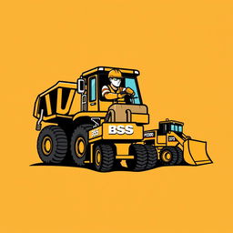 A logo design featuring an operator driving a mining truck 785, a PC2000 excavator, and a 375 bulldozer, all labeled with 'BSS'